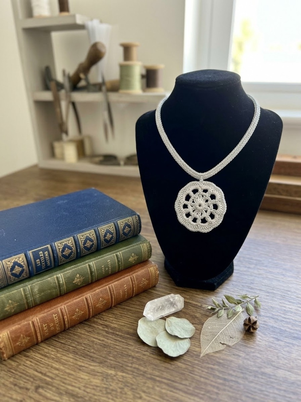 Handmade Silver Crochet Pendant Necklace - Feminine Boho Jewelry